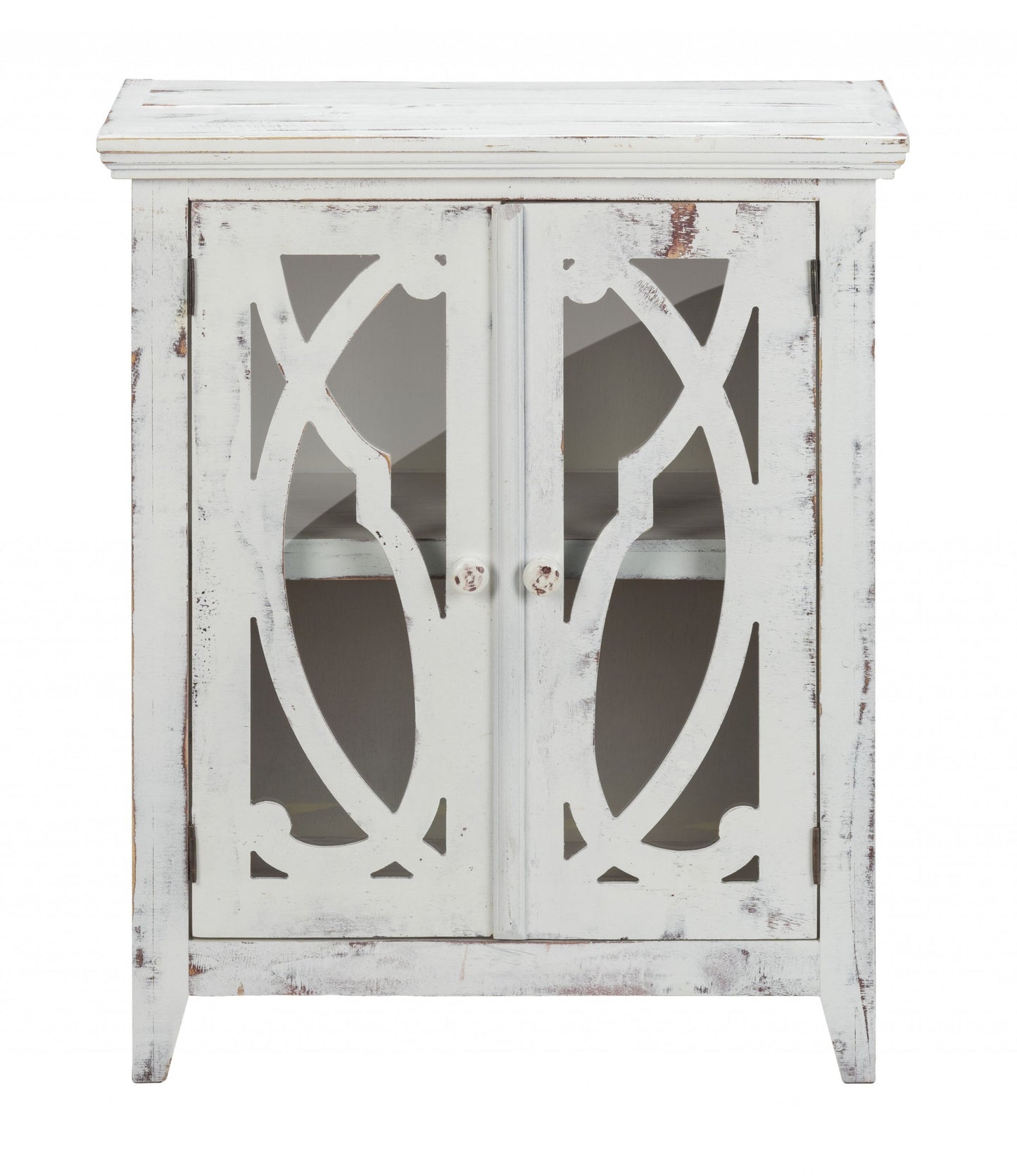 Rustic White Wood And Glass Scrollwork Accent Cabinet By Homeroots | Cabinets | Modishstore - 2