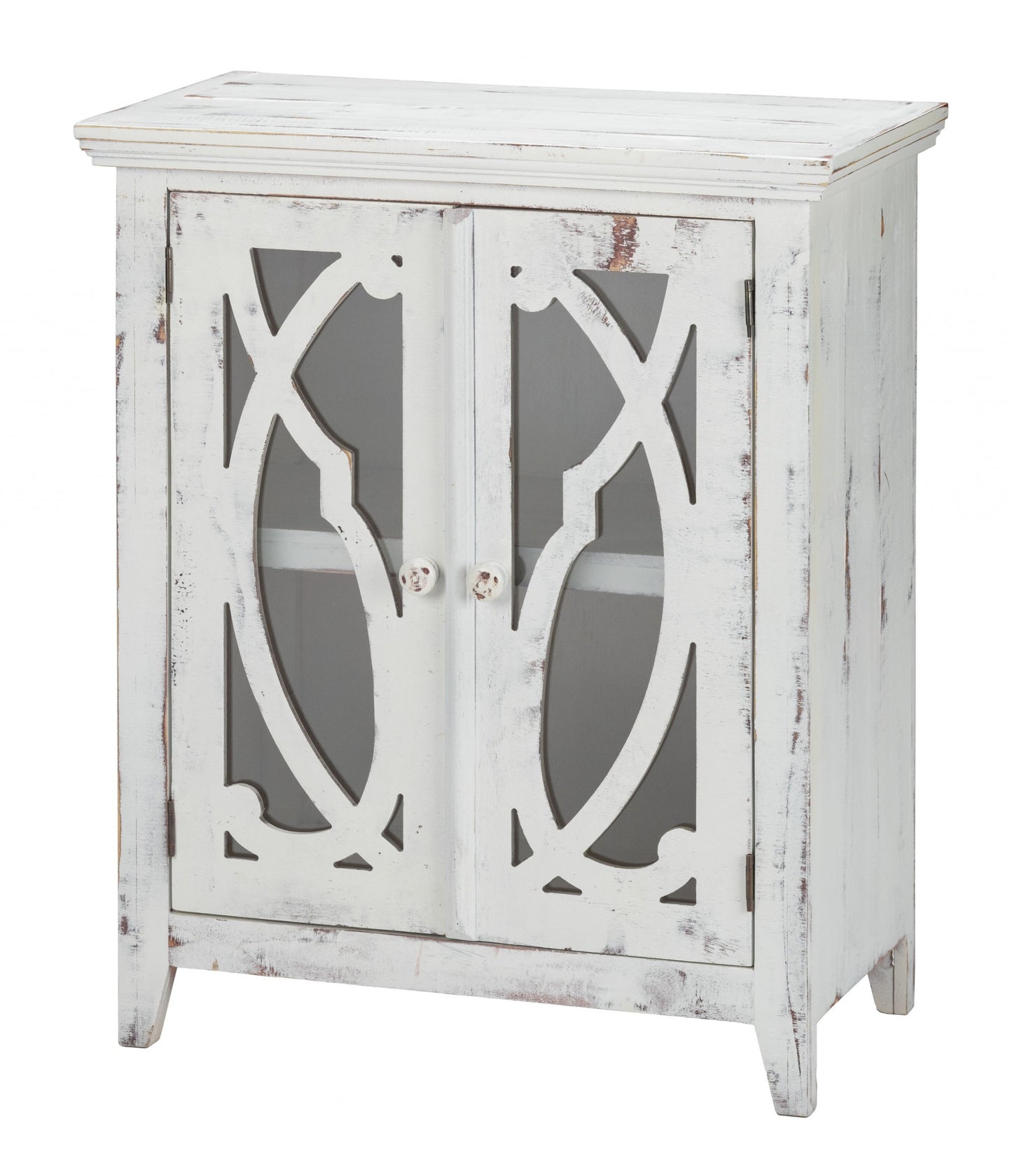 Rustic White Wood And Glass Scrollwork Accent Cabinet By Homeroots | Cabinets | Modishstore - 3
