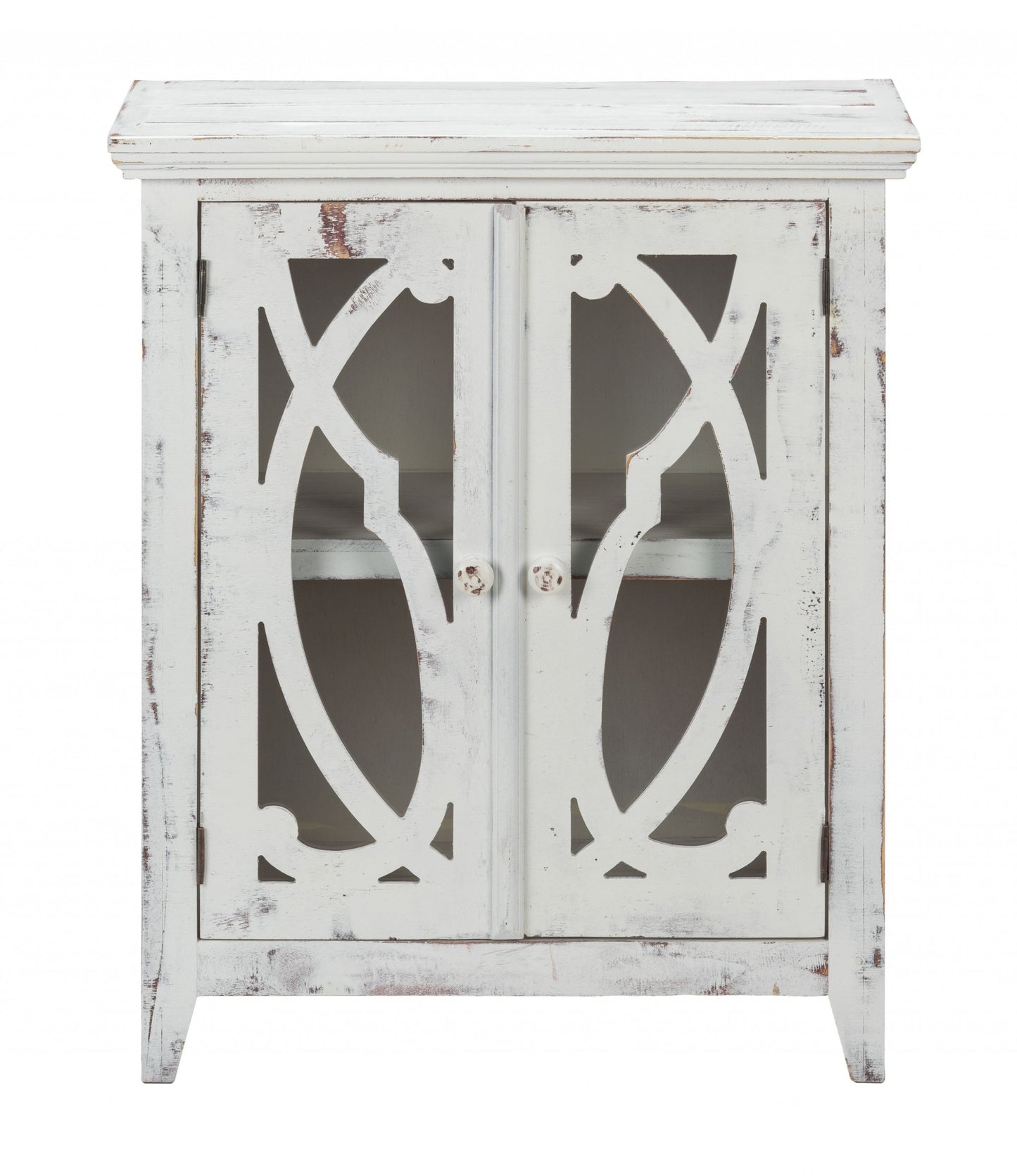Rustic White Wood And Glass Scrollwork Accent Cabinet By Homeroots | Cabinets | Modishstore - 4