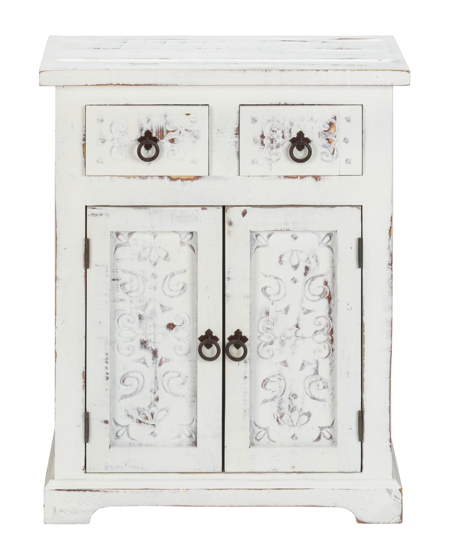 Distressed White Wooden Carved 2 Door And 2 Drawer Cabinet By Homeroots | Drawers | Modishstore