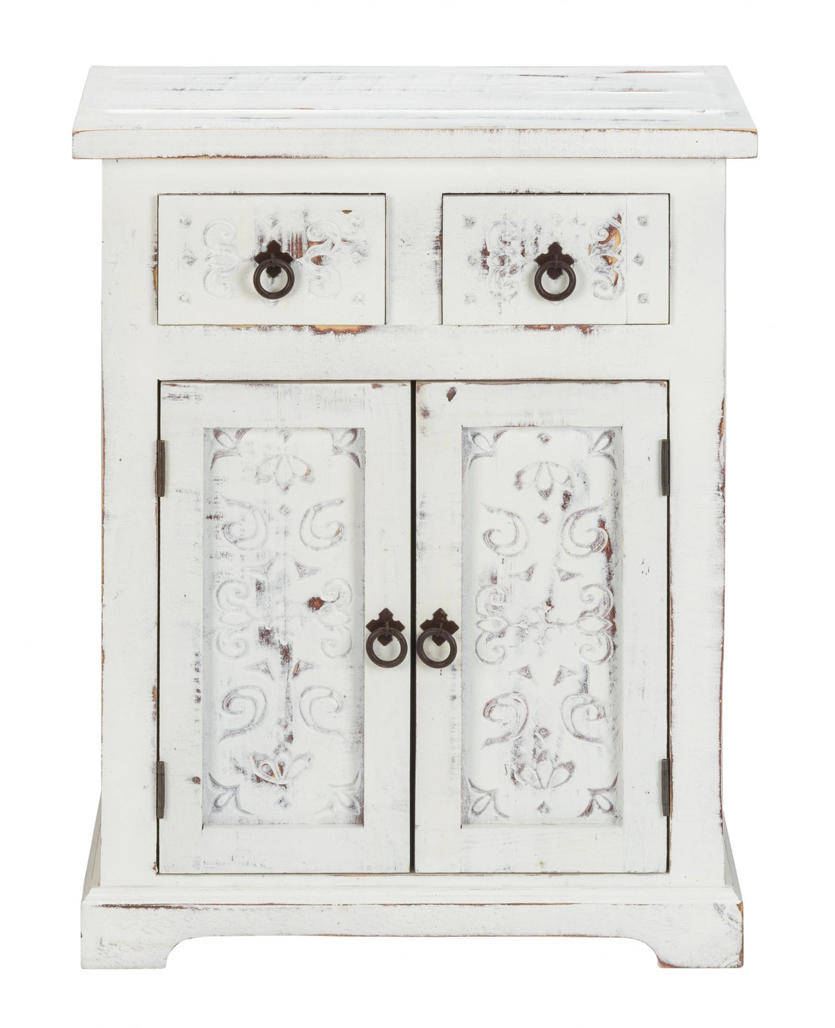 Distressed White Wooden Carved 2 Door And 2 Drawer Cabinet By Homeroots | Drawers | Modishstore