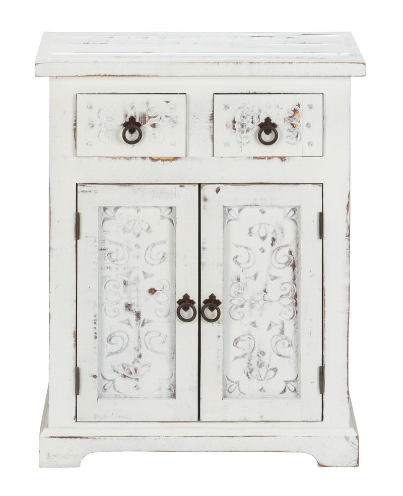 Distressed White Wooden Carved 2 Door And 2 Drawer Cabinet By Homeroots | Drawers | Modishstore