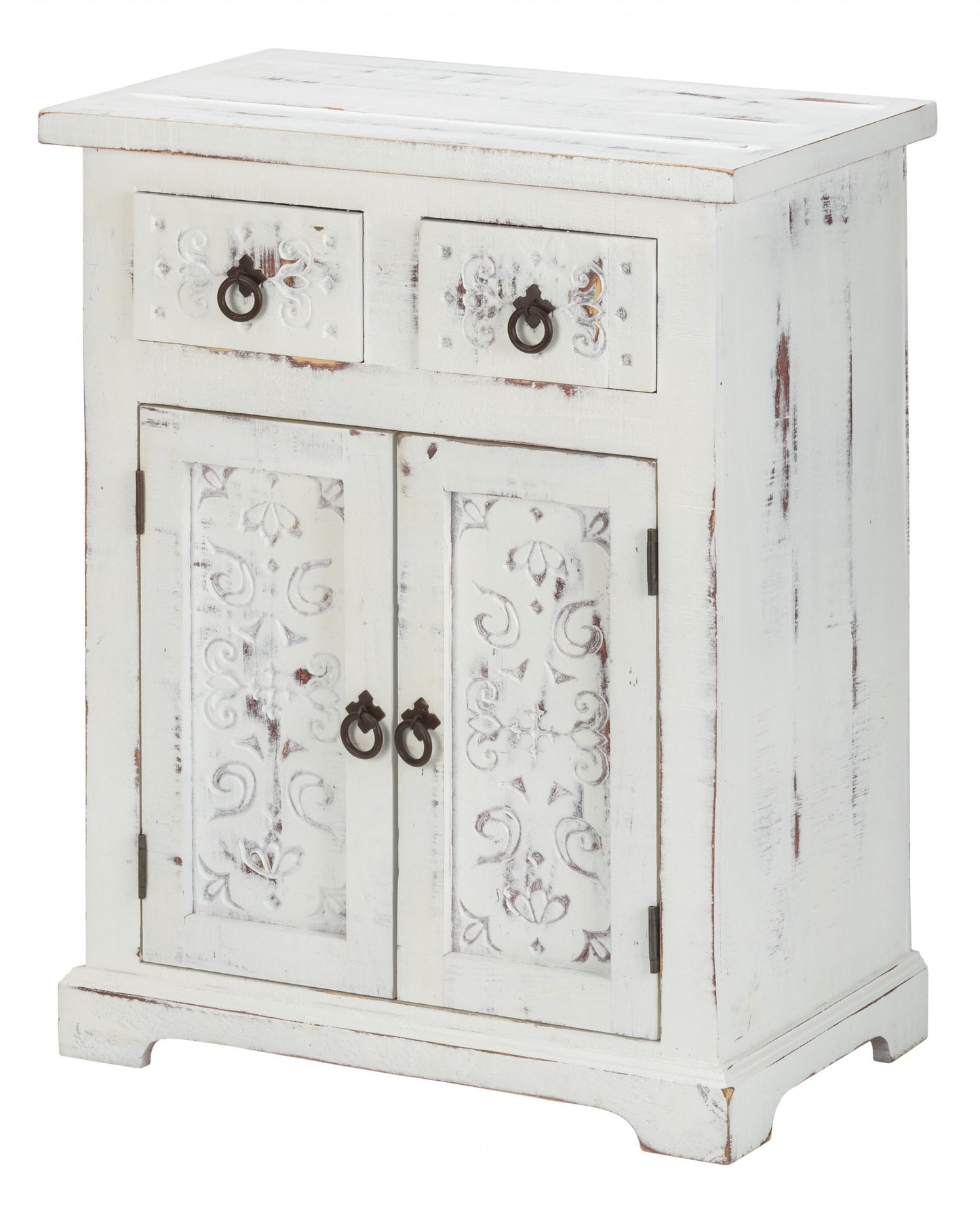 Distressed White Wooden Carved 2 Door And 2 Drawer Cabinet By Homeroots | Drawers | Modishstore - 2