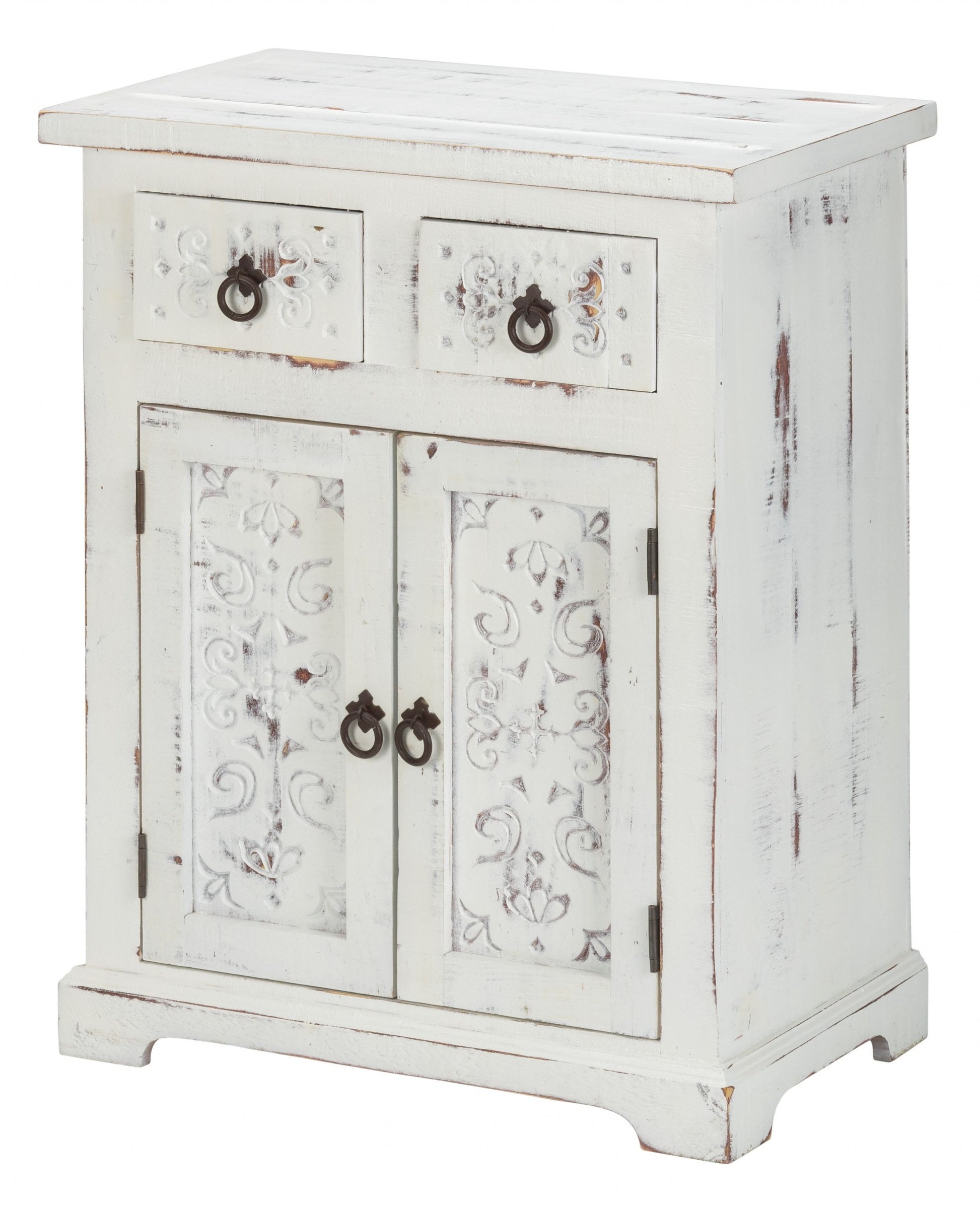 Distressed White Wooden Carved 2 Door And 2 Drawer Cabinet By Homeroots | Drawers | Modishstore - 2