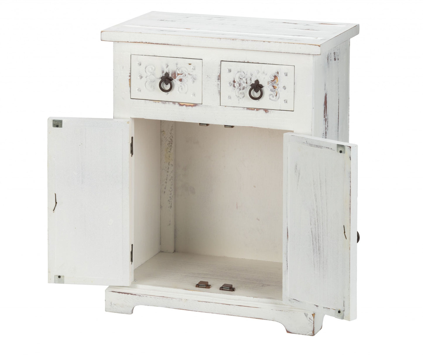 Distressed White Wooden Carved 2 Door And 2 Drawer Cabinet By Homeroots | Drawers | Modishstore - 3