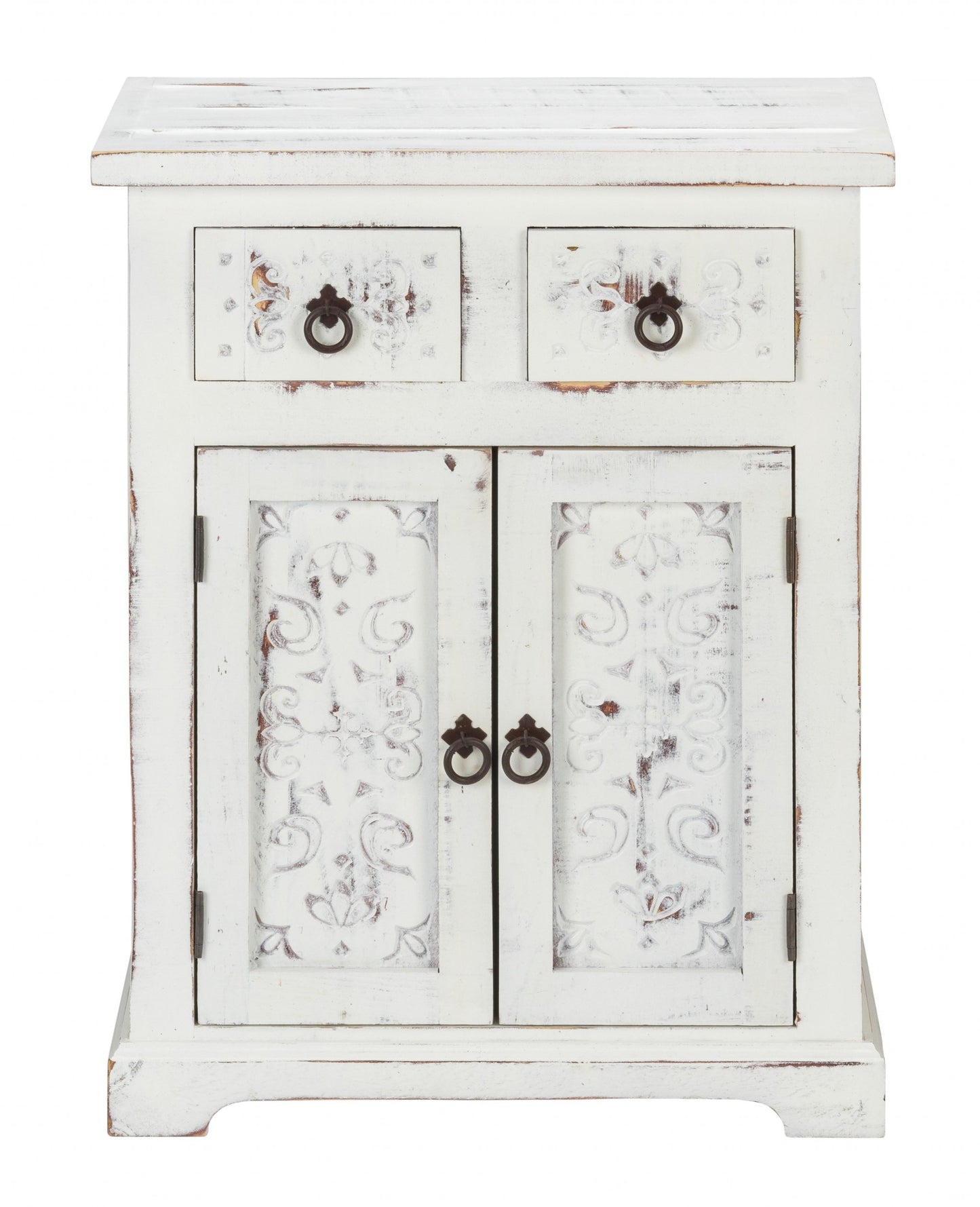 Distressed White Wooden Carved 2 Door And 2 Drawer Cabinet By Homeroots | Drawers | Modishstore - 4