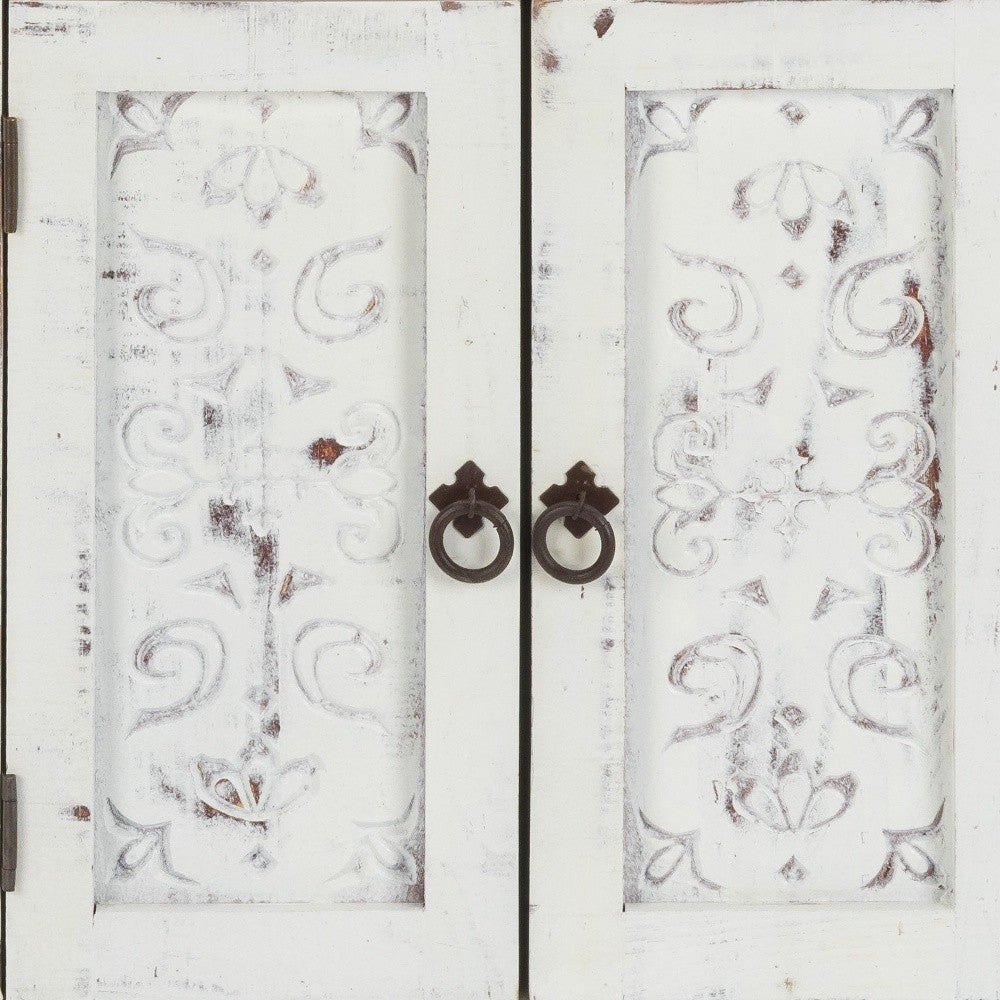 Distressed White Wooden Carved 2 Door And 2 Drawer Cabinet By Homeroots | Drawers | Modishstore - 5