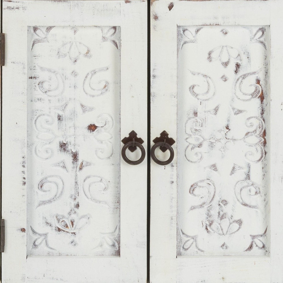 Distressed White Wooden Carved 2 Door And 2 Drawer Cabinet By Homeroots | Drawers | Modishstore - 5