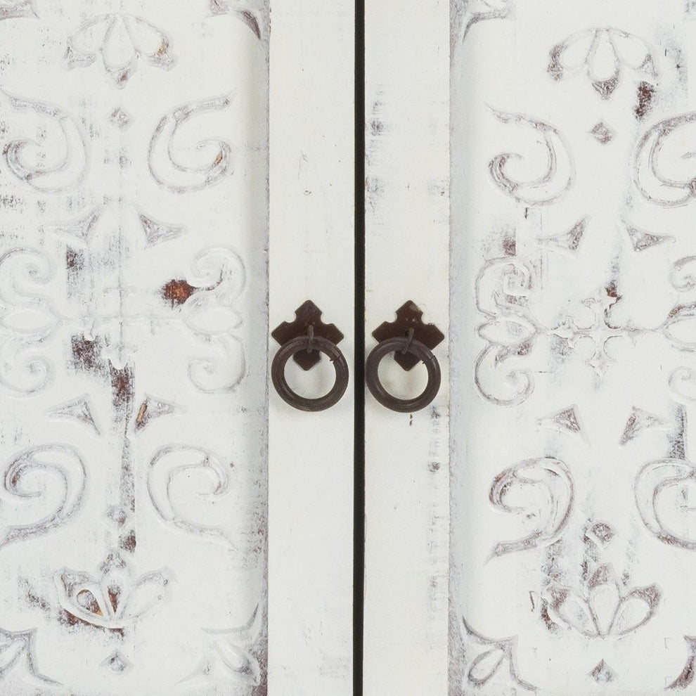 Distressed White Wooden Carved 2 Door And 2 Drawer Cabinet By Homeroots | Drawers | Modishstore - 6