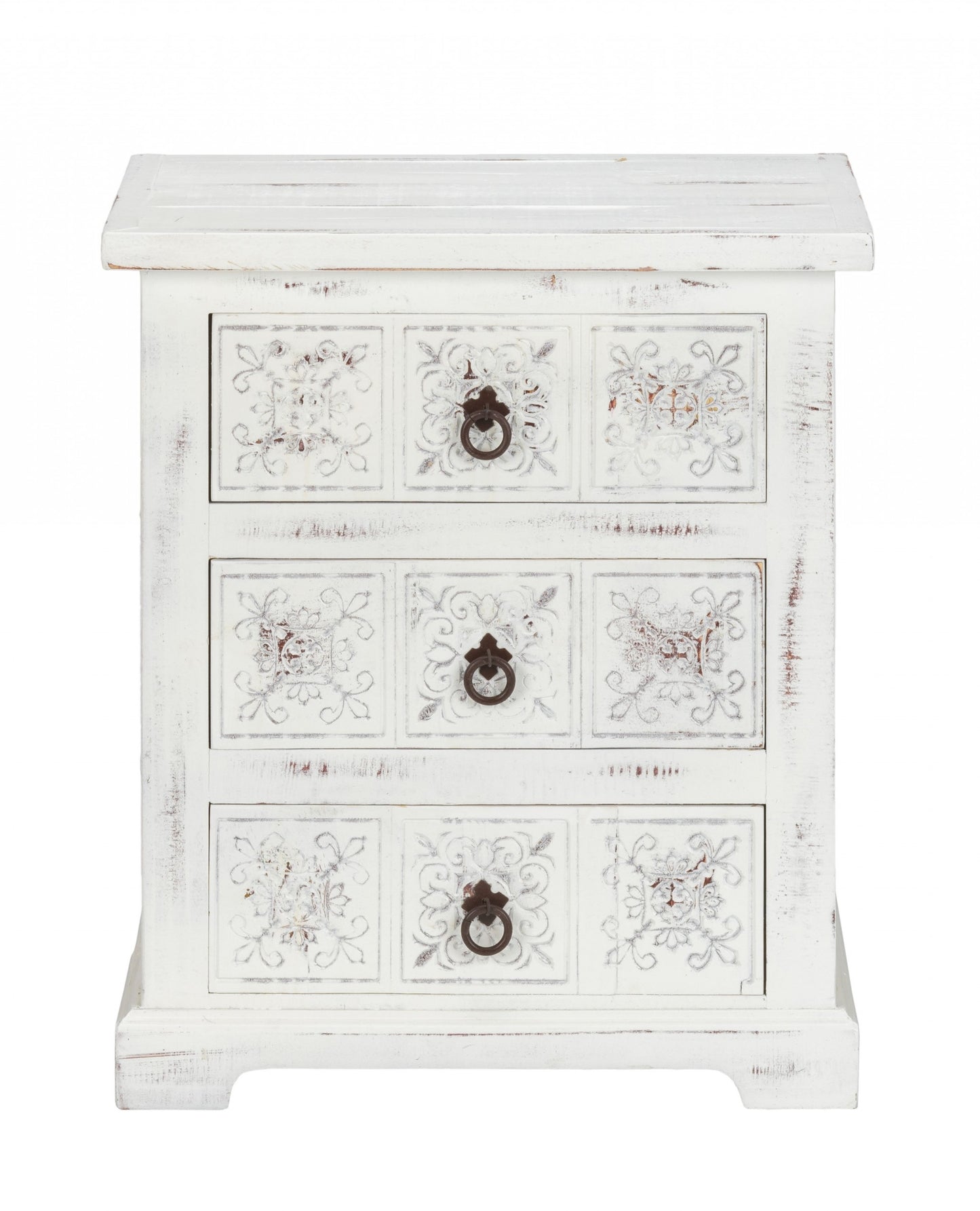 Distressed White Wooden Carved 3 Drawer Cabinet By Homeroots | Drawers | Modishstore