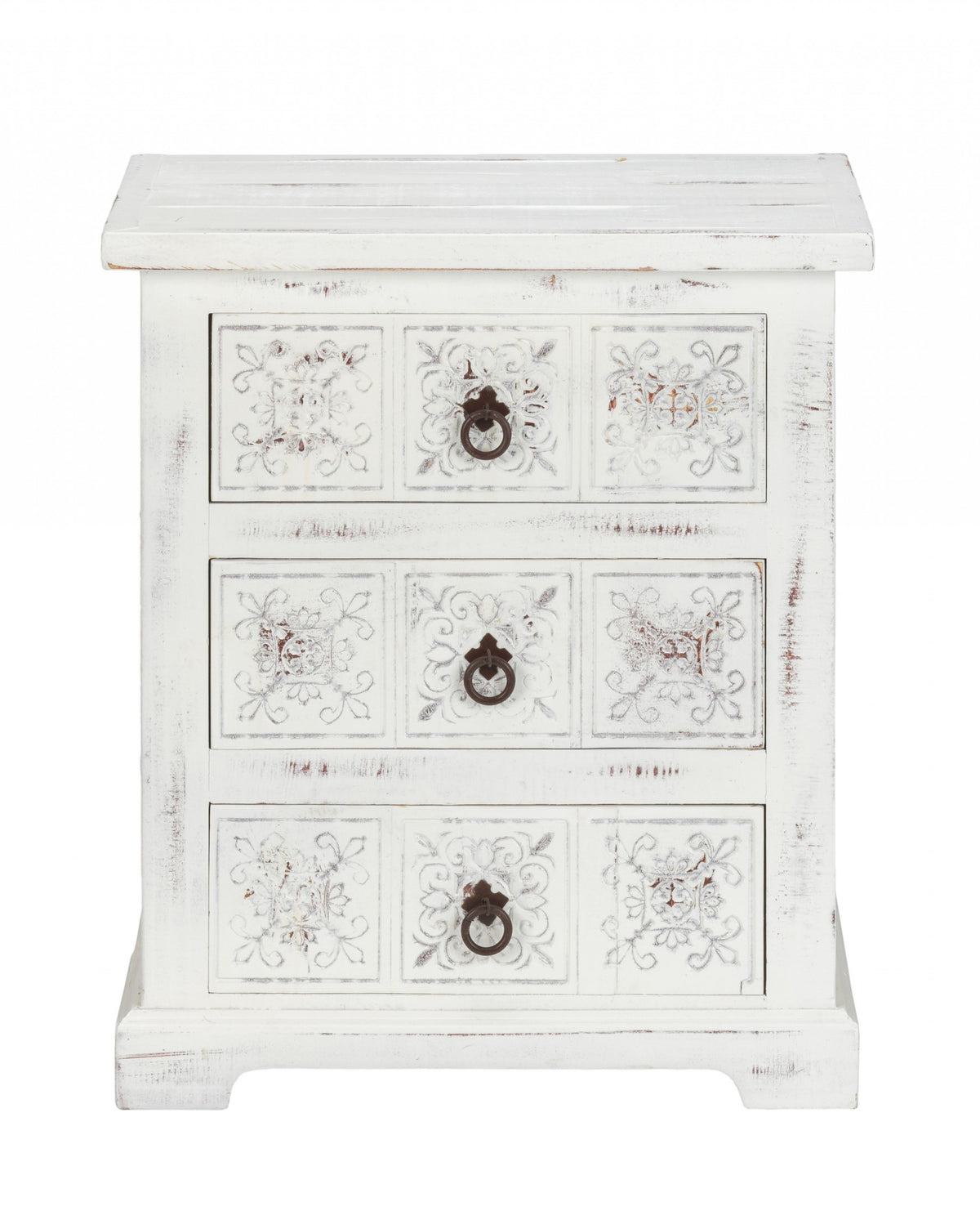Distressed White Wooden Carved 3 Drawer Cabinet By Homeroots | Drawers | Modishstore