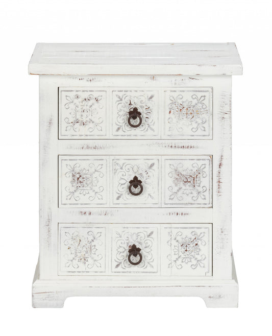 Distressed White Wooden Carved 3 Drawer Cabinet By Homeroots | Drawers | Modishstore