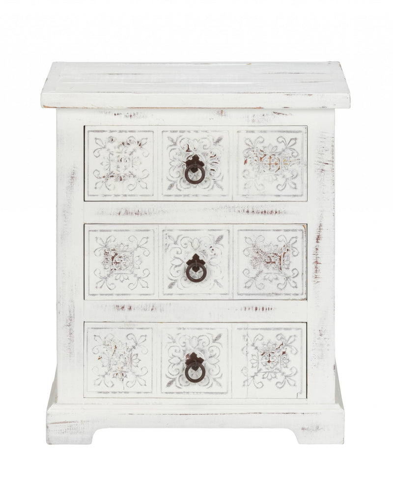 Distressed White Wooden Carved 3 Drawer Cabinet By Homeroots | Drawers | Modishstore
