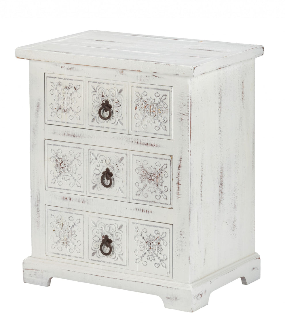 Distressed White Wooden Carved 3 Drawer Cabinet By Homeroots | Drawers | Modishstore - 2