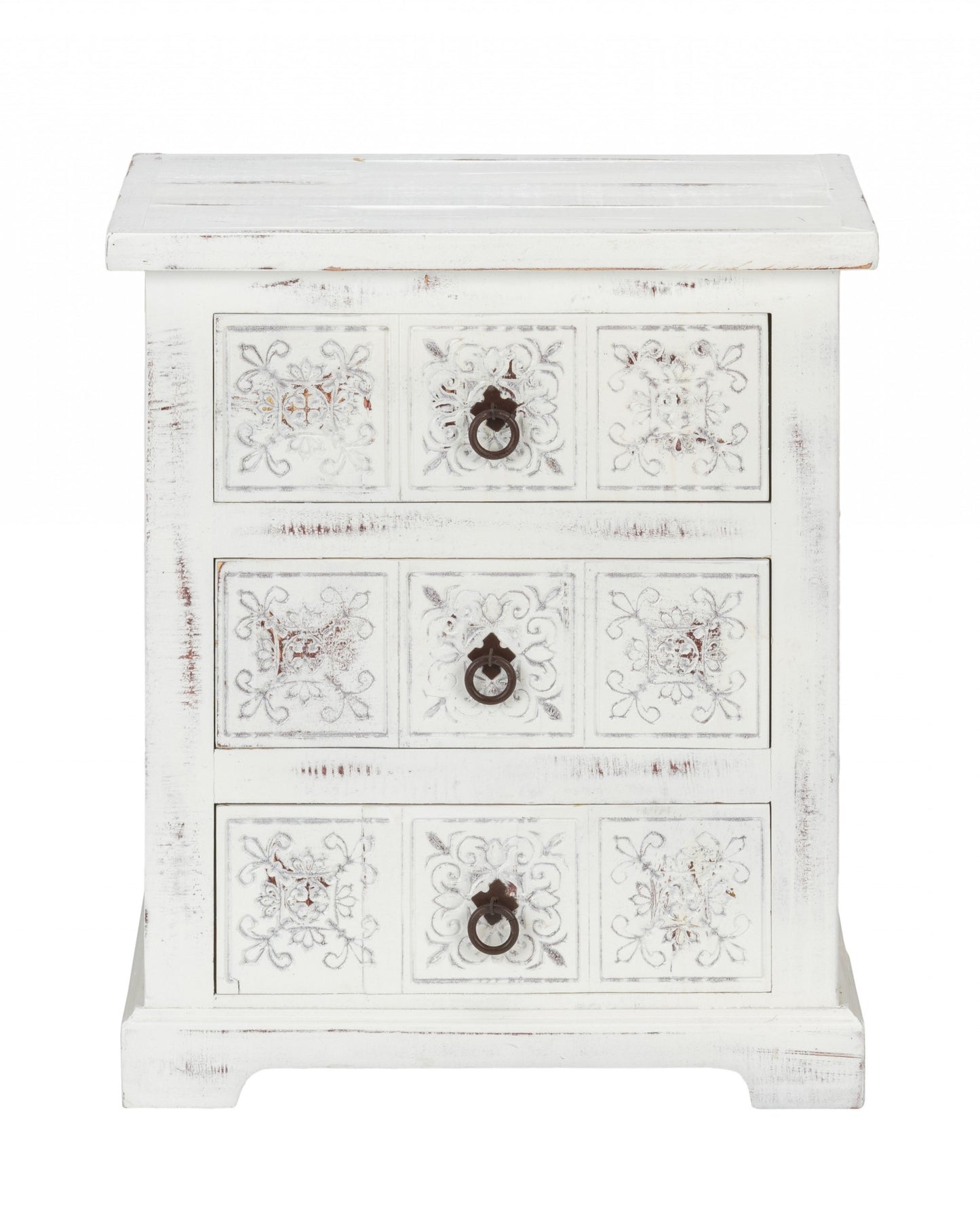 Distressed White Wooden Carved 3 Drawer Cabinet By Homeroots | Drawers | Modishstore - 3