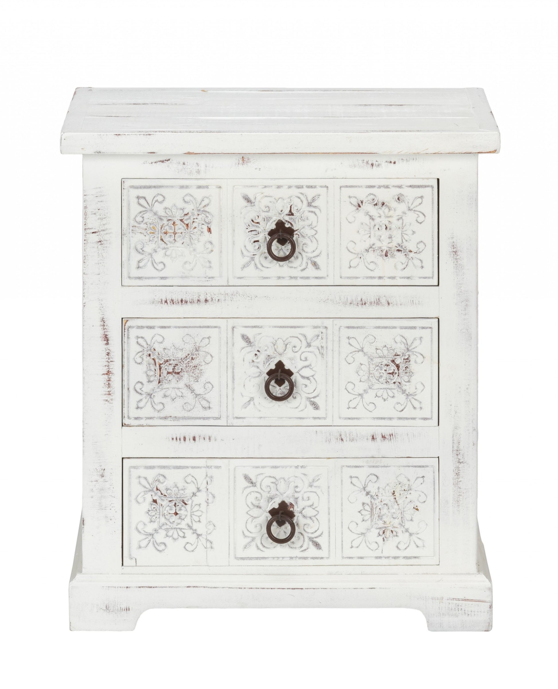 Distressed White Wooden Carved 3 Drawer Cabinet By Homeroots | Drawers | Modishstore - 3