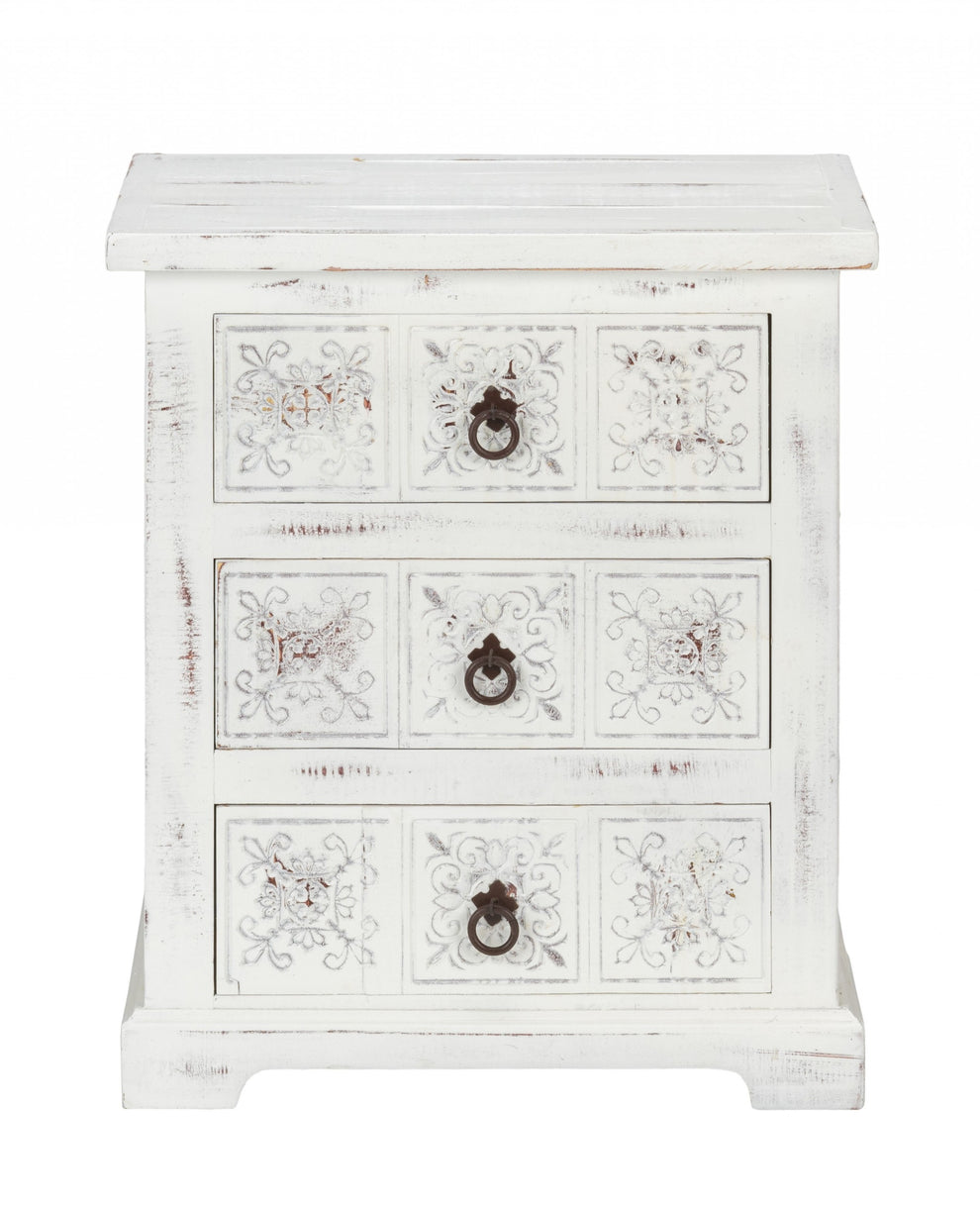 Distressed White Wooden Carved 3 Drawer Cabinet By Homeroots | Drawers | Modishstore - 3