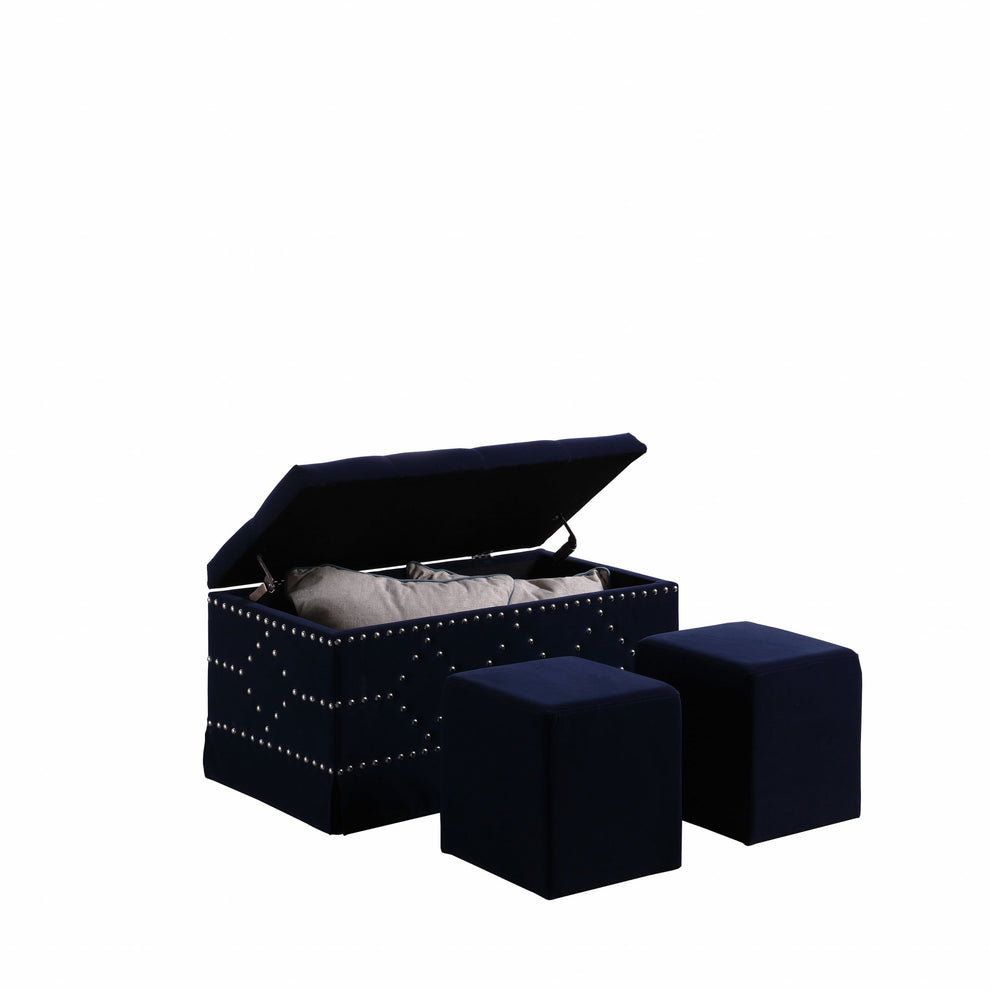 Deep Blue Velvet Nailhead Storage Bench with Ottomans By Homeroots | Benches | Modishstore - 3