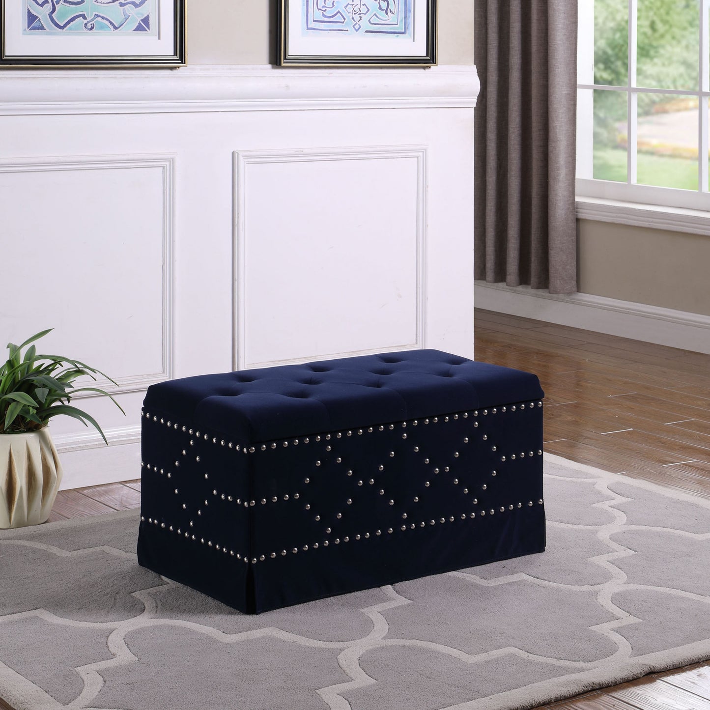 Deep Blue Velvet Nailhead Storage Bench with Ottomans By Homeroots | Benches | Modishstore - 2