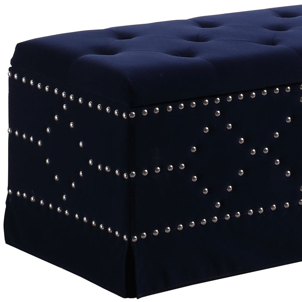 Deep Blue Velvet Nailhead Storage Bench with Ottomans By Homeroots | Benches | Modishstore - 8