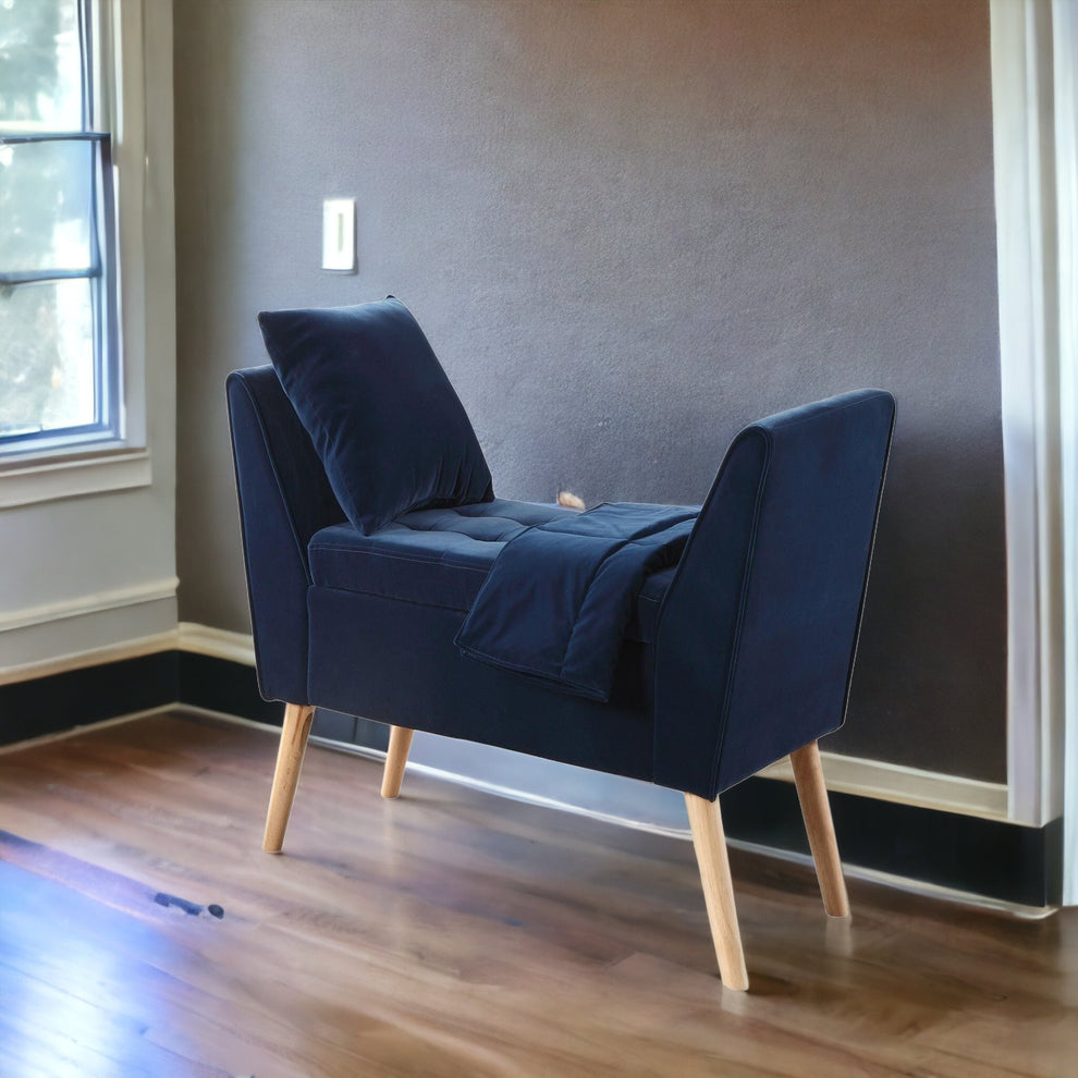 Navy Blue Modern Flair Storage Bench with Pillow and Blanket By Homeroots | Benches | Modishstore - 4