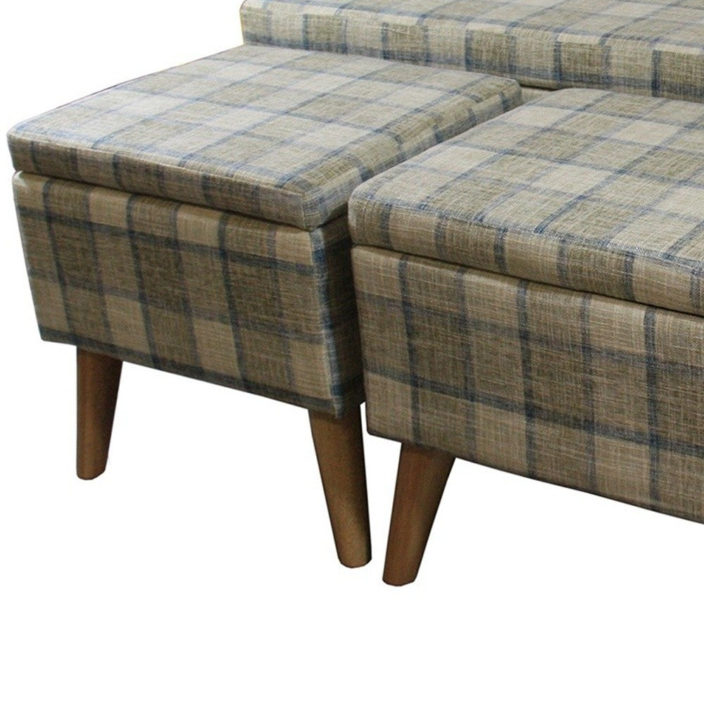 Taupe and Blue Plaid Storage Bench and Ottoman Three Piece Set By Homeroots