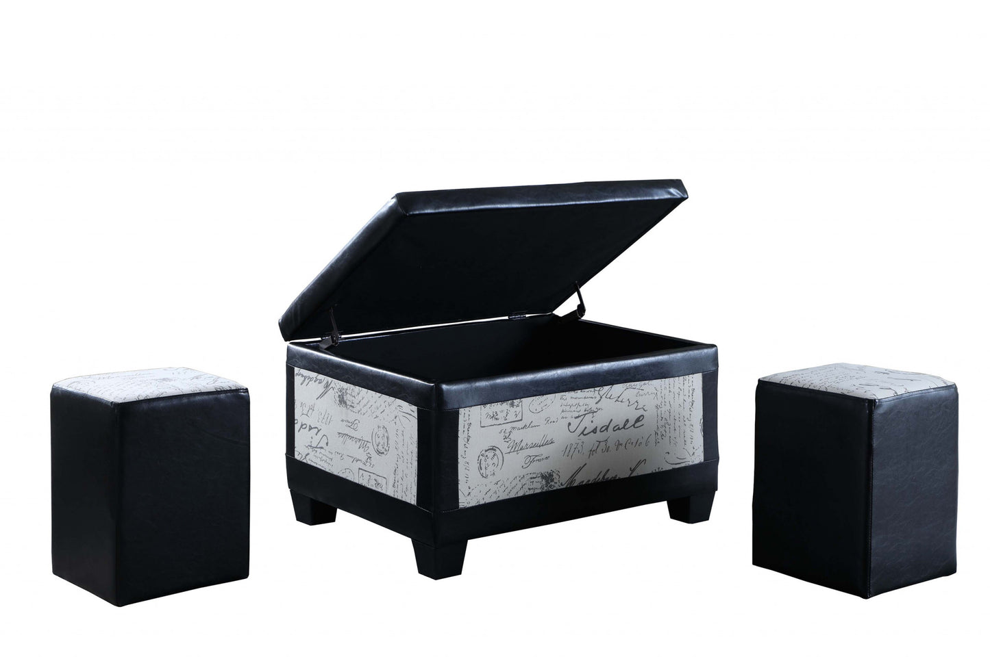 Black Postcard Faux Leather Storage Bench and Two Ottomans By Homeroots - 469416