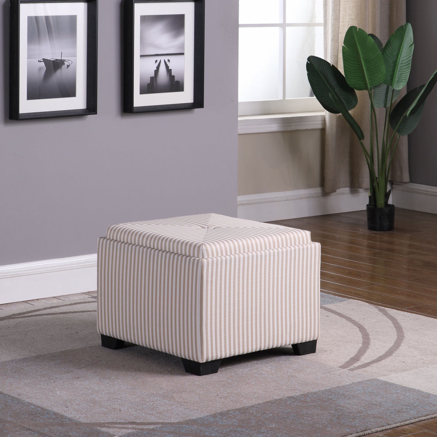 Gray and White Pinstripes Tufted Storage Ottoman By Homeroots | Ottomans | Modishstore - 6