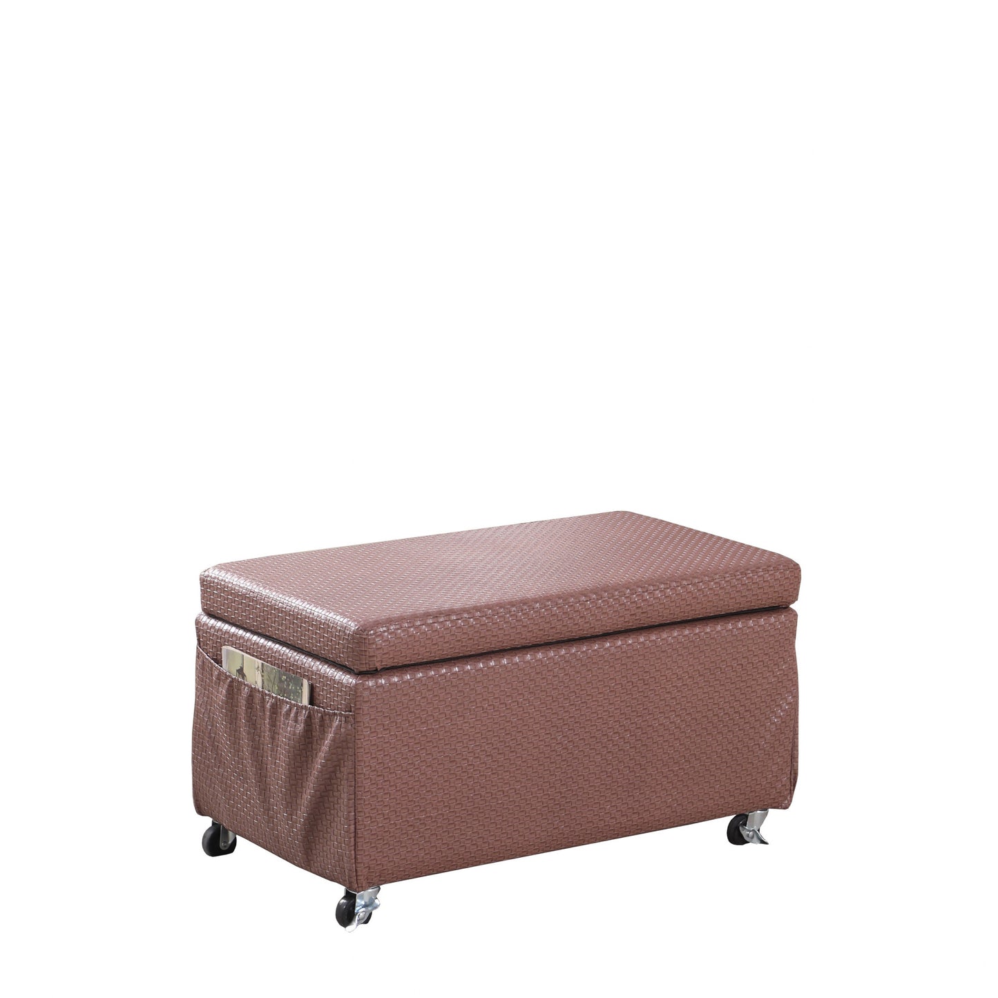 Brown Weave Faux Leather Rolling Storage Ottoman with Pockets By Homeroots