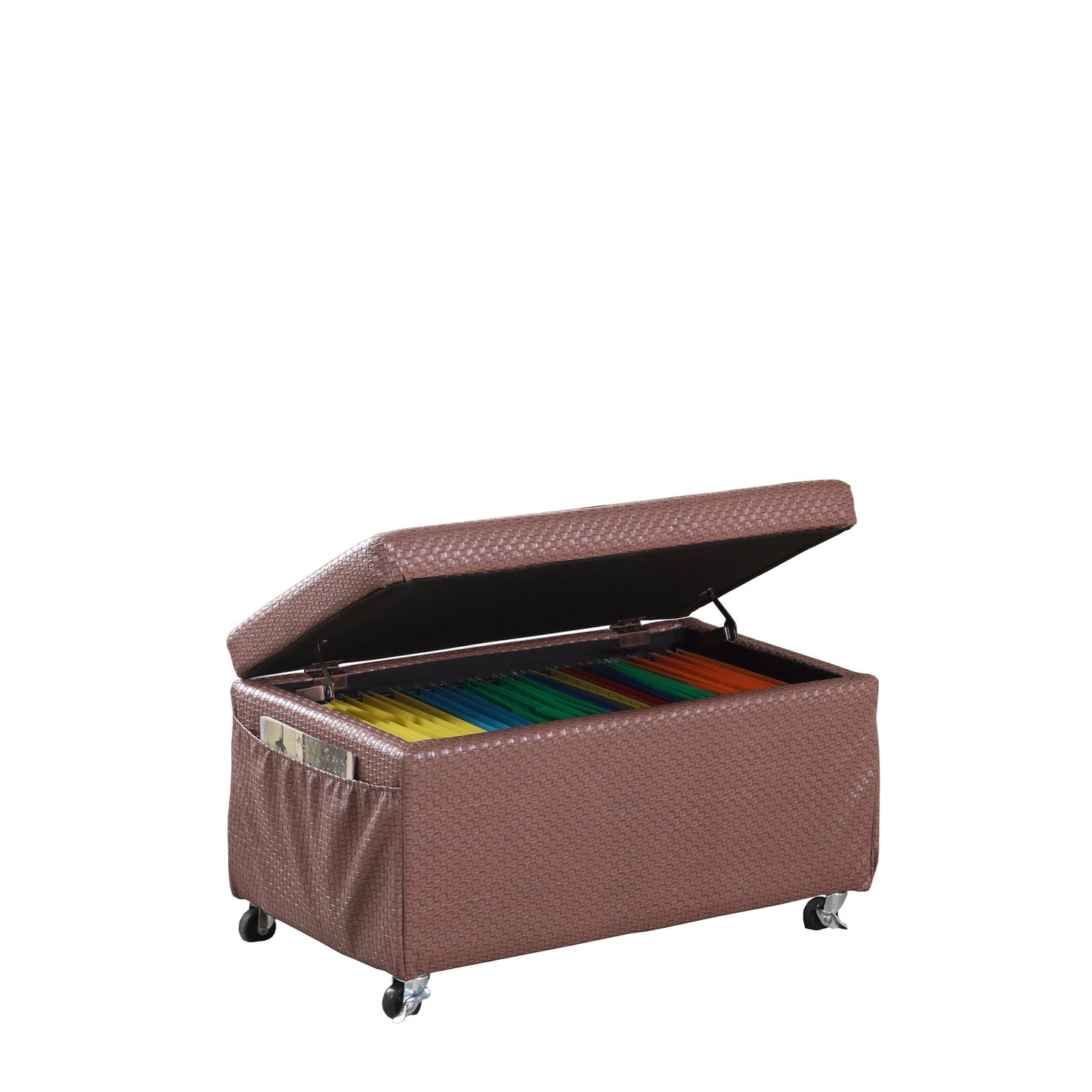 Brown Weave Faux Leather Rolling Storage Ottoman with Pockets By Homeroots | Ottomans | Modishstore - 2