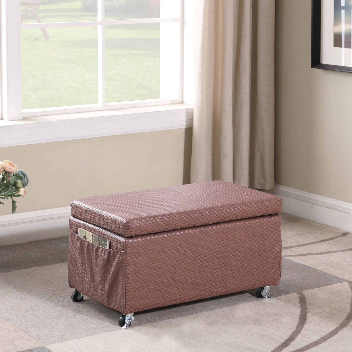 Brown Weave Faux Leather Rolling Storage Ottoman with Pockets By Homeroots | Ottomans | Modishstore - 6