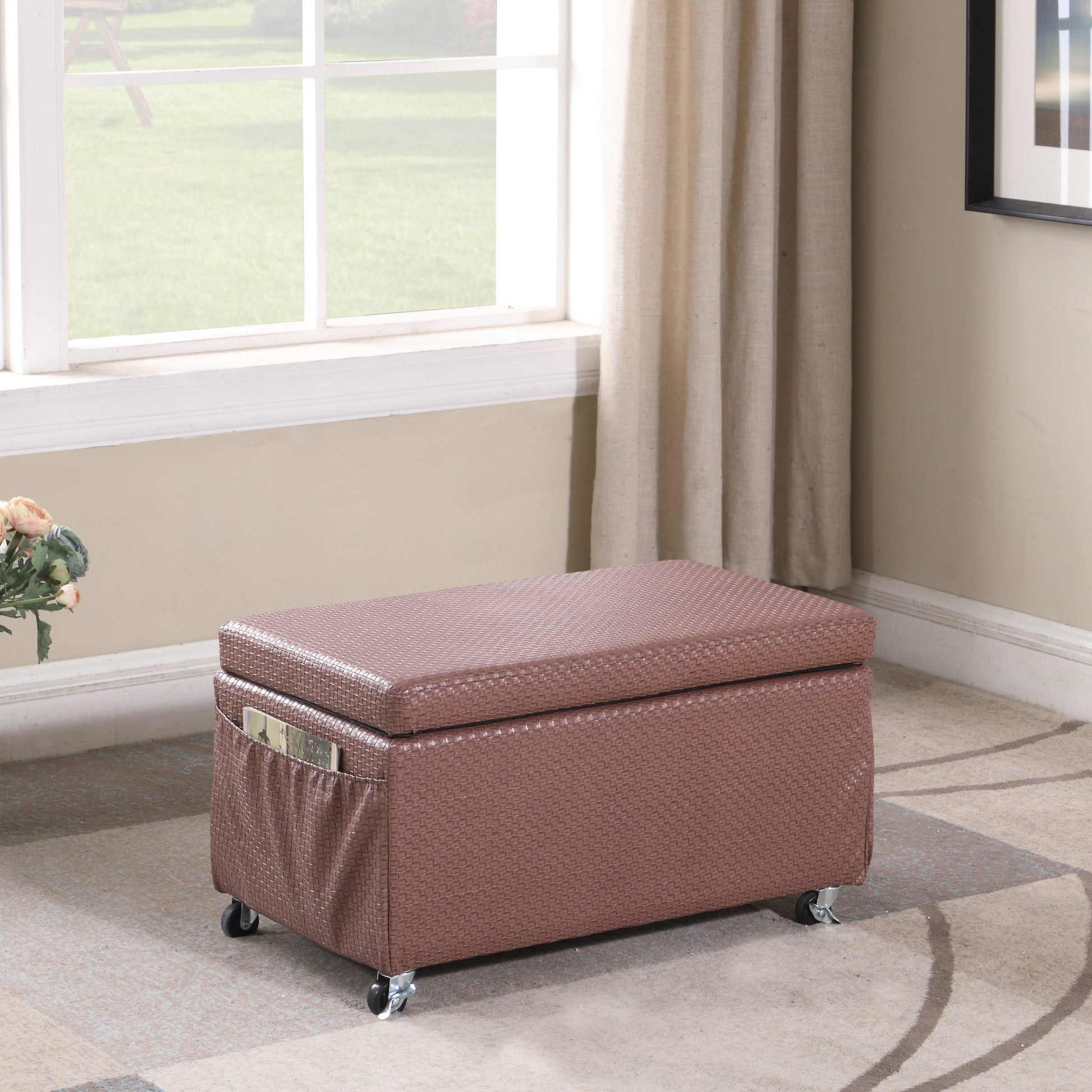 Brown Weave Faux Leather Rolling Storage Ottoman with Pockets By Homeroots | Ottomans | Modishstore - 6