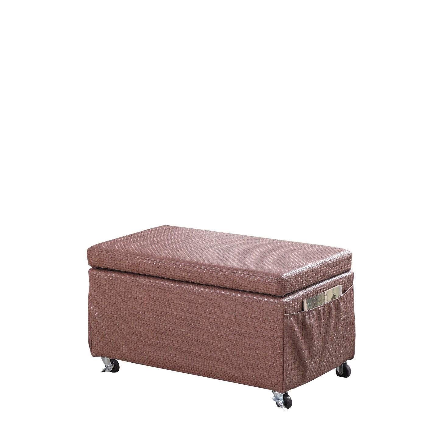 Brown Weave Faux Leather Rolling Storage Ottoman with Pockets By Homeroots | Ottomans | Modishstore - 3