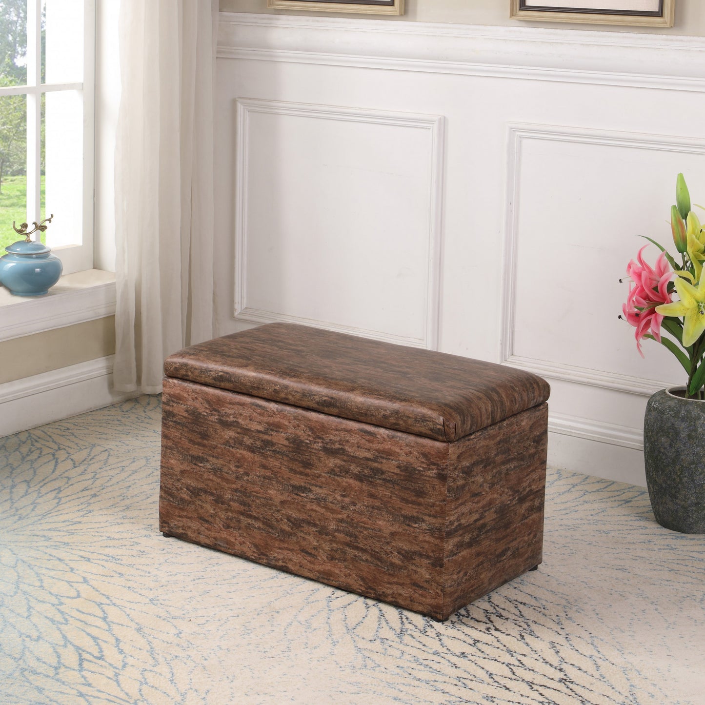Dark Brown Wood Grain Faux Leather Storage Bench and Ottoman By Homeroots