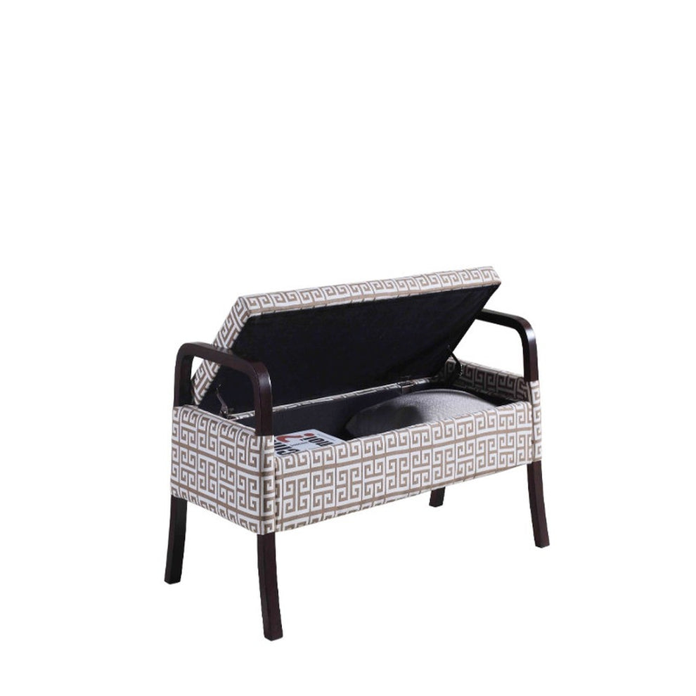 Brown and White Greek Key Wooden Storage Bench with Handles By Homeroots | Benches | Modishstore - 2