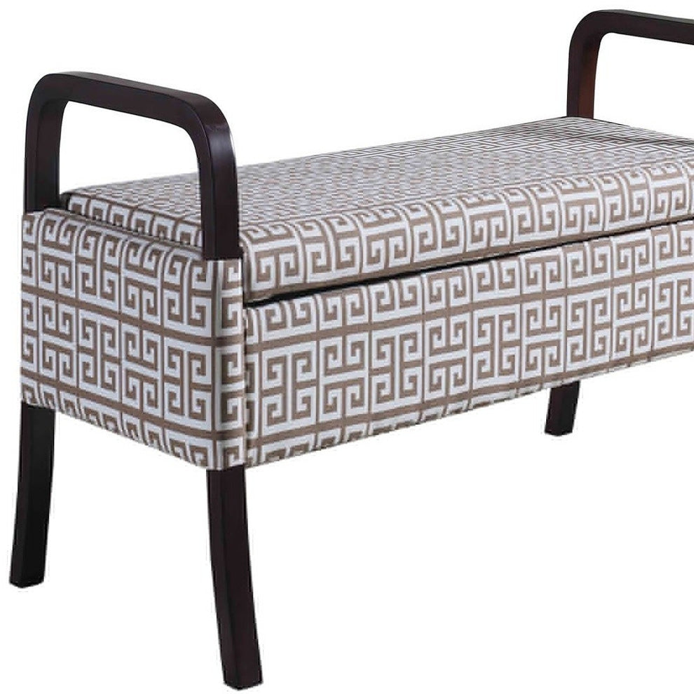 Brown and White Greek Key Wooden Storage Bench with Handles By Homeroots | Benches | Modishstore - 4