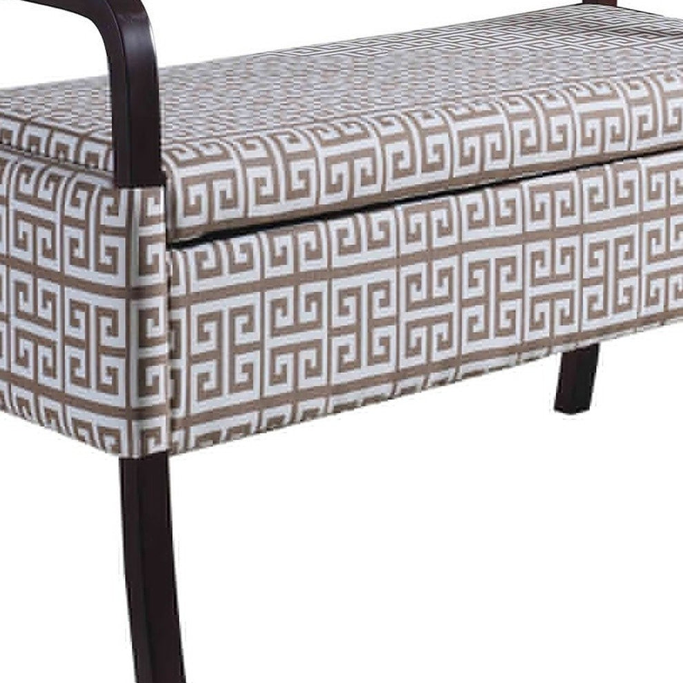 Brown and White Greek Key Wooden Storage Bench with Handles By Homeroots | Benches | Modishstore - 5