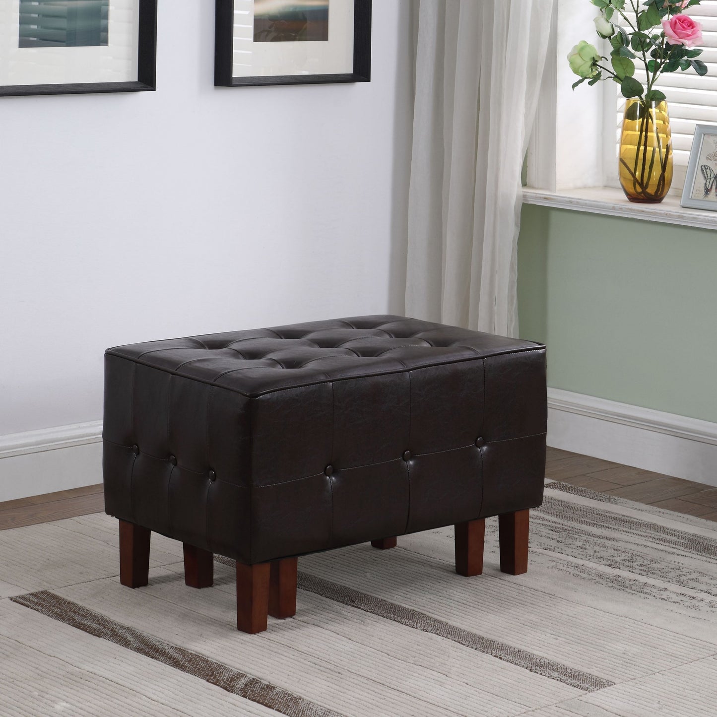 Set of Two Brown Faux Leather Tufted Stackable Ottomans By Homeroots