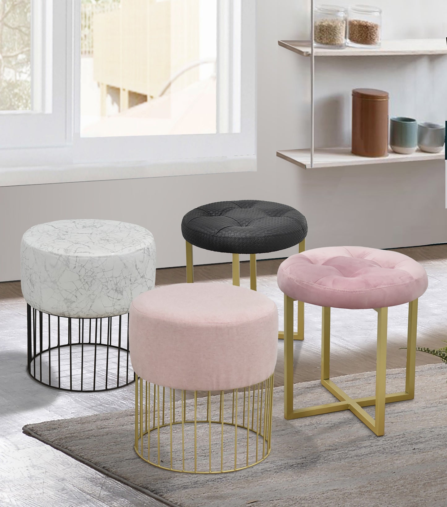 18" Gray Marble Faux Leather and Gold Cylindrical Stool By Homeroots | Stools | Modishstore - 4