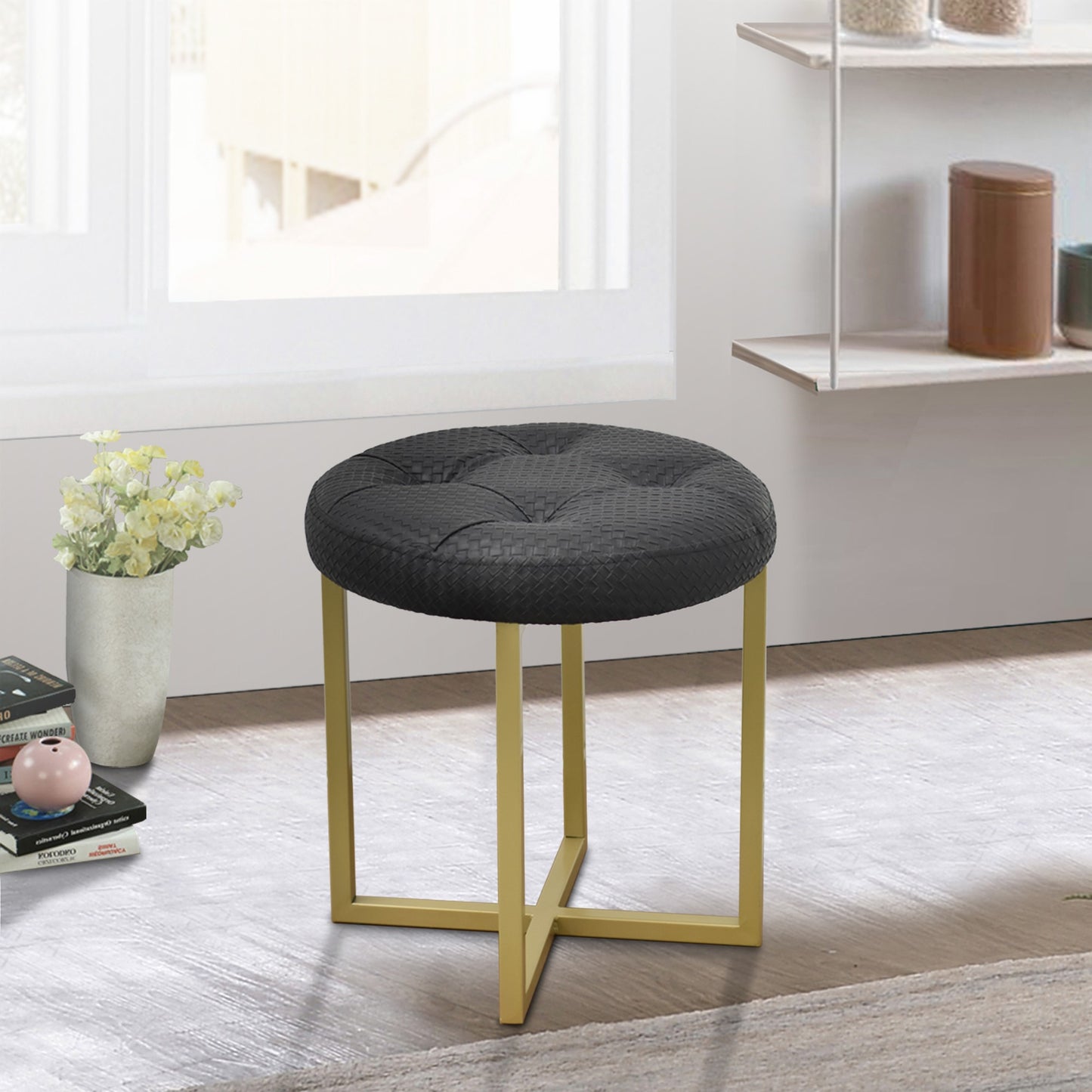 17" Black Tufted Faux Leather and Gold Stool By Homeroots | Stools | Modishstore - 2
