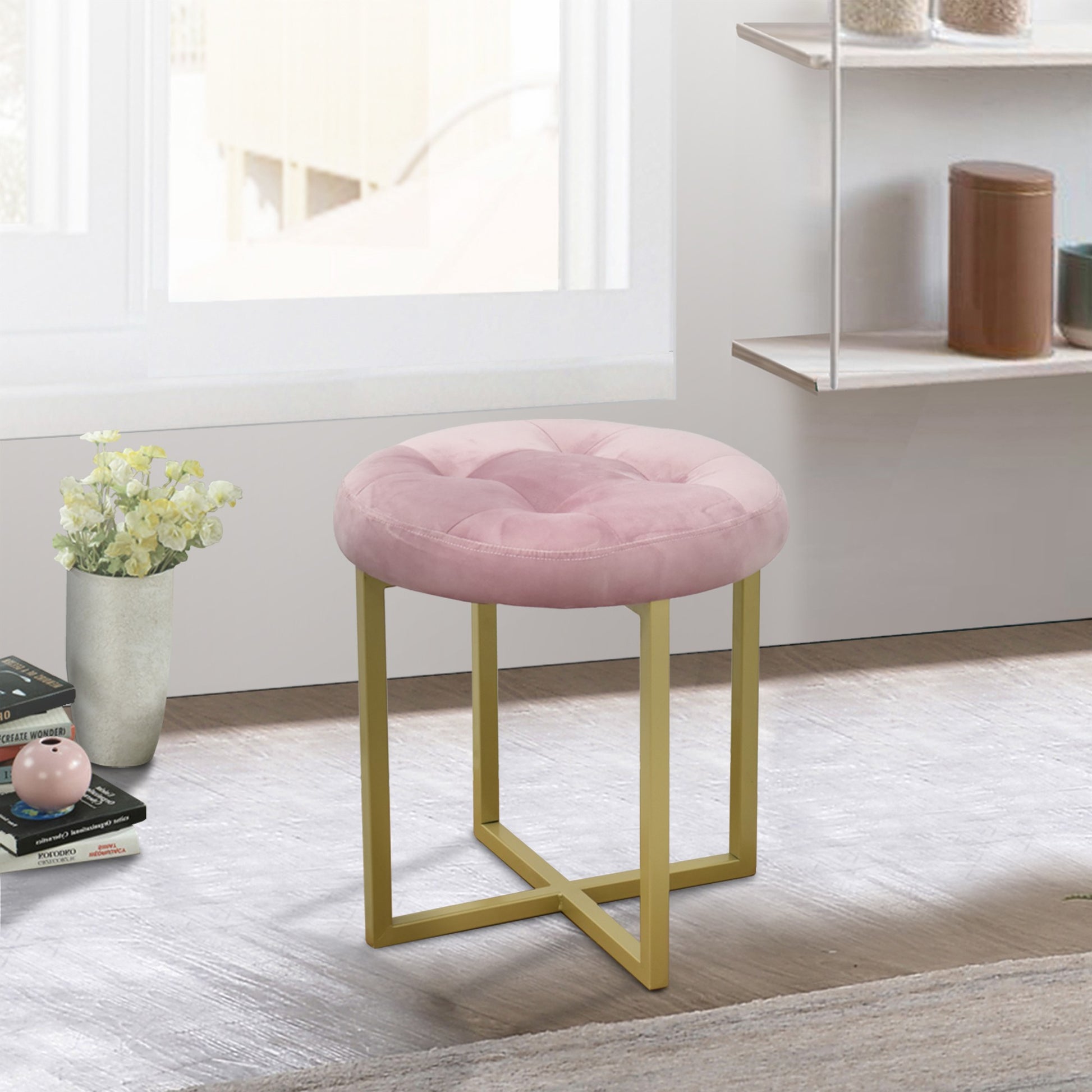17" Pink Tufted Velvet and Gold Stool By Homeroots | Stools | Modishstore - 2