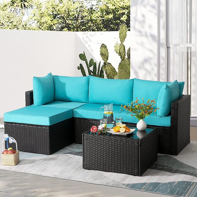 Aqua and Brown Wicker L Shape Three Piece Sofa Set By Homeroots | Outdoor Sofas, Loveseats & Sectionals | Modishstore