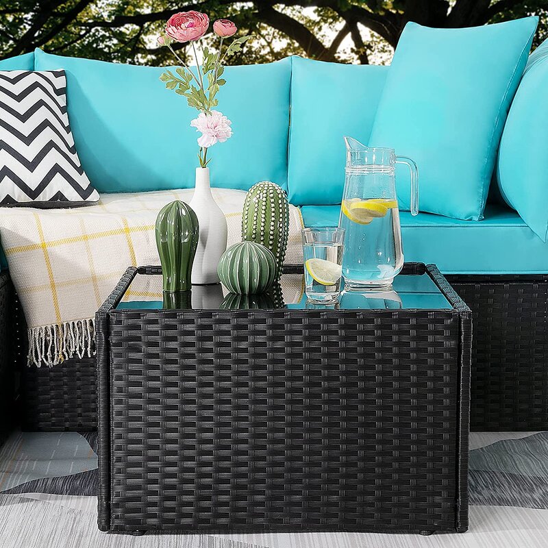 Aqua and Brown Wicker L Shape Three Piece Sofa Set By Homeroots | Outdoor Sofas, Loveseats & Sectionals | Modishstore - 3