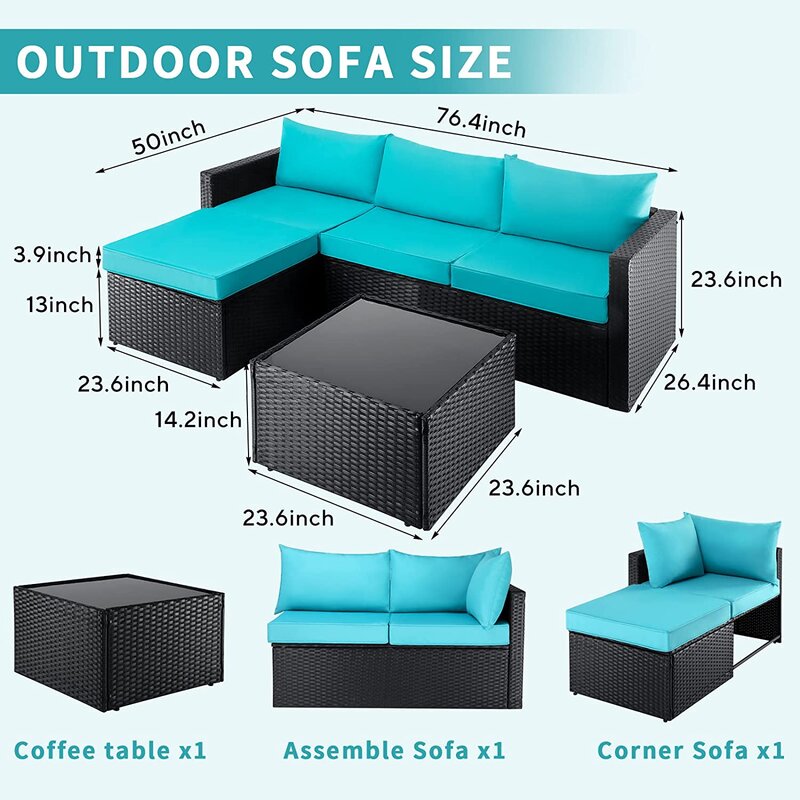 Aqua and Brown Wicker L Shape Three Piece Sofa Set By Homeroots | Outdoor Sofas, Loveseats & Sectionals | Modishstore - 5