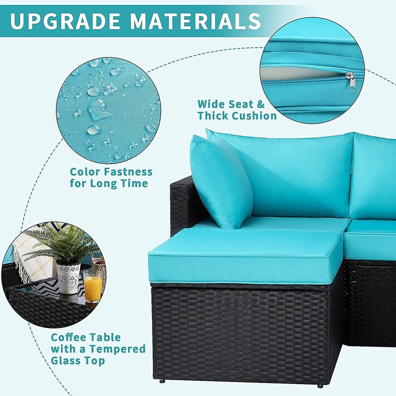 Aqua and Brown Wicker L Shape Three Piece Sofa Set By Homeroots | Outdoor Sofas, Loveseats & Sectionals | Modishstore - 7