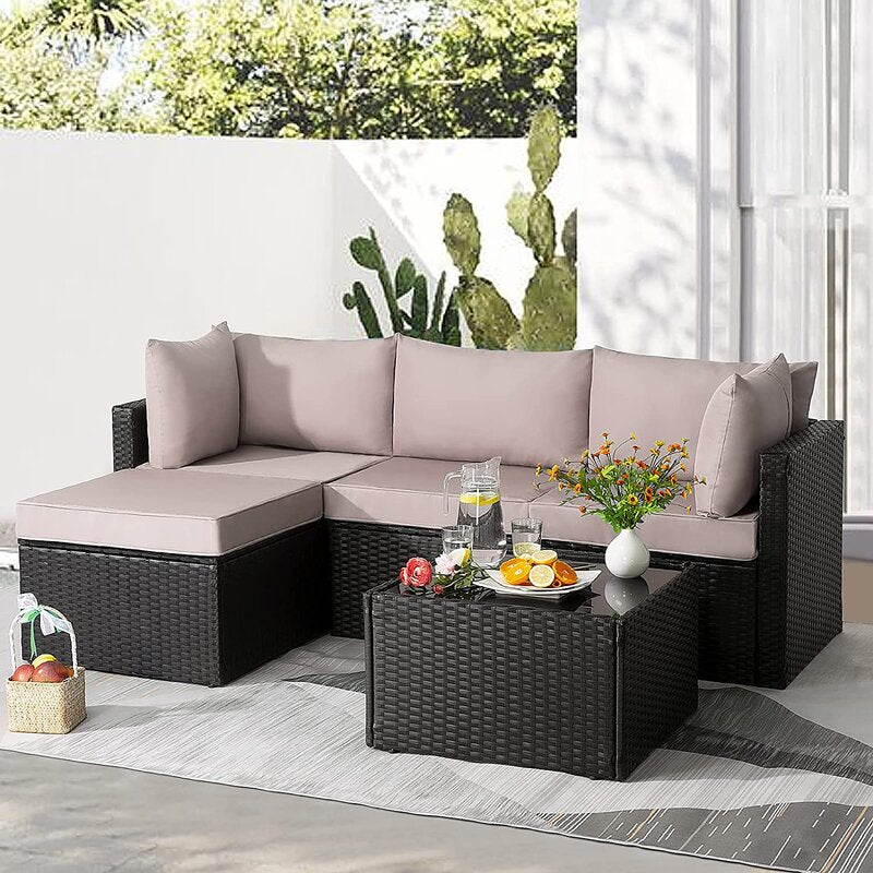 Beige and Brown Wicker L Shape Three Piece Sofa Set By Homeroots | Outdoor Sofas, Loveseats & Sectionals | Modishstore - 2