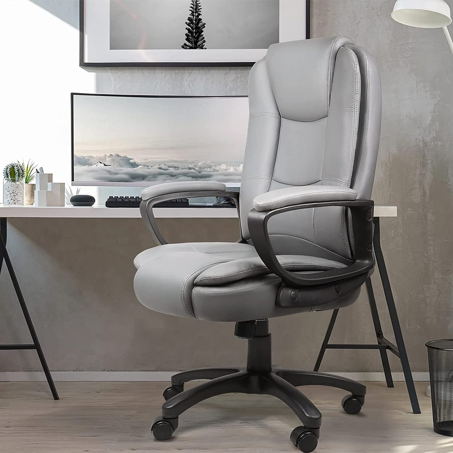 Light Gray Leather Executive Chair with Lumbar Support By Homeroots | Office Chairs | Modishstore - 5