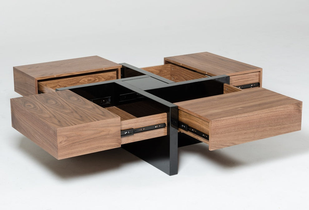 Modern Walnut and Black Square Coffee Table with Storage By Homeroots | Coffee Tables | Modishstore - 3