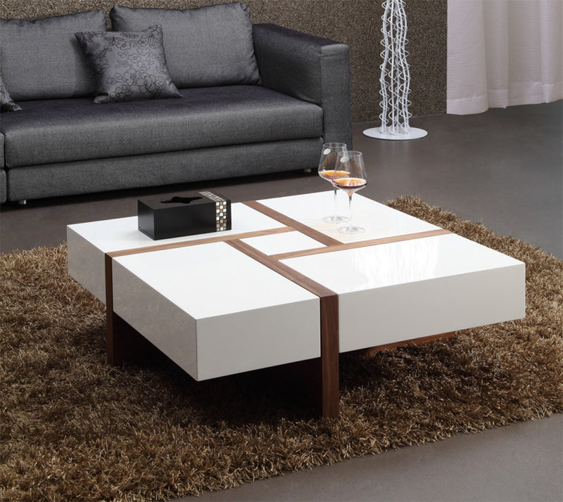 Modern White and Walnut Square Coffee Table with Storage By Homeroots | Coffee Tables | Modishstore