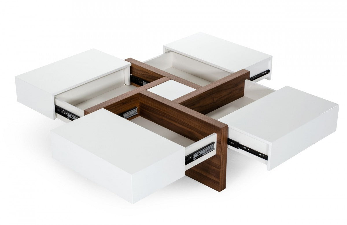 Modern White and Walnut Square Coffee Table with Storage By Homeroots | Coffee Tables | Modishstore - 2